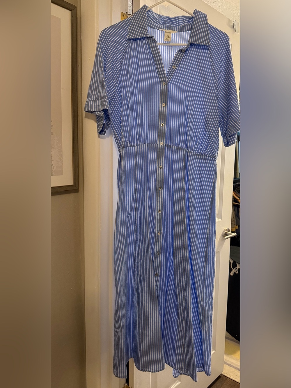 H&M Blue & White Vertical-Stripe Button Midi Dress